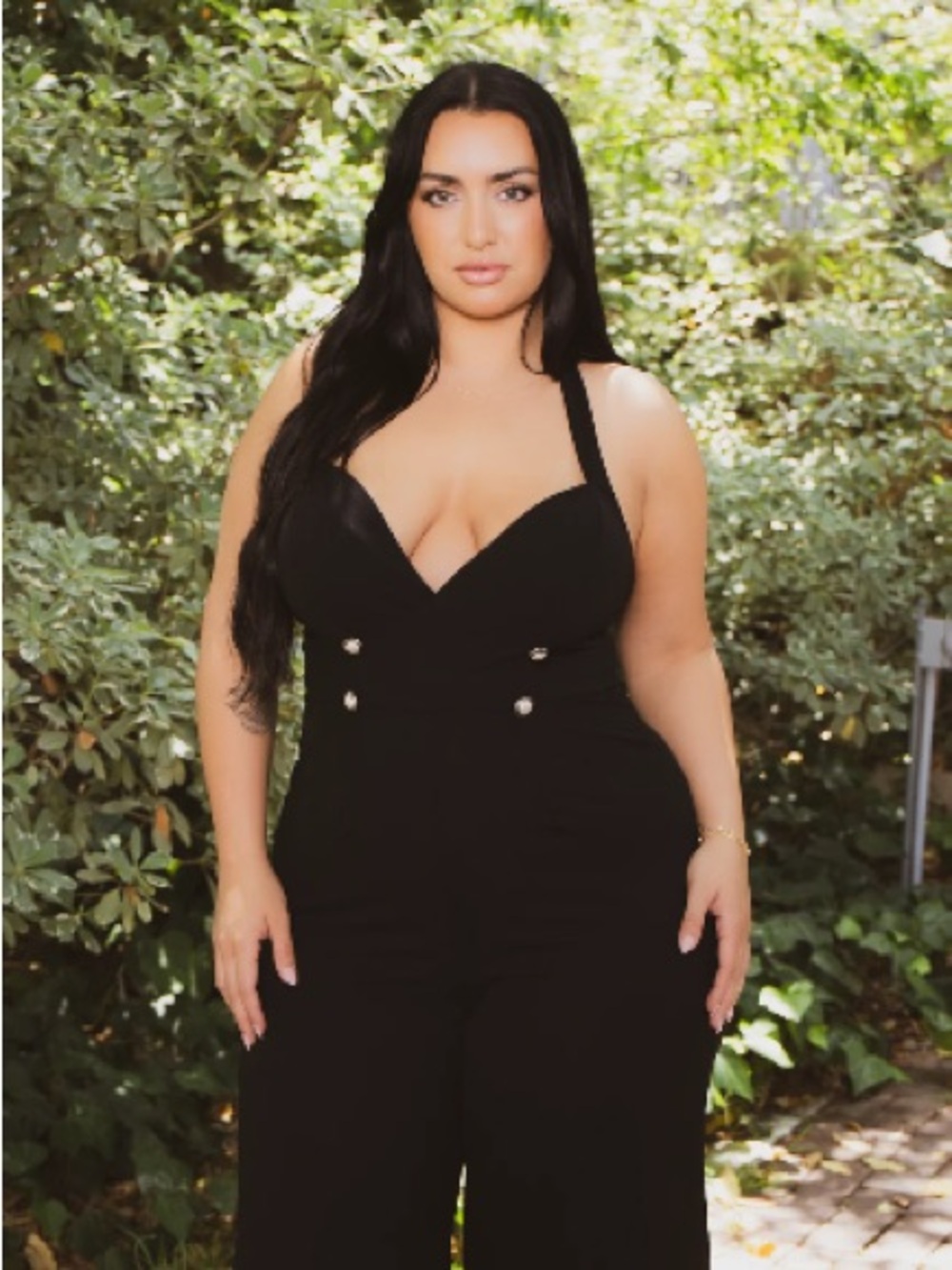 Plus Size Black Halter Wide-Leg Jumpsuit with Decorative Buttons